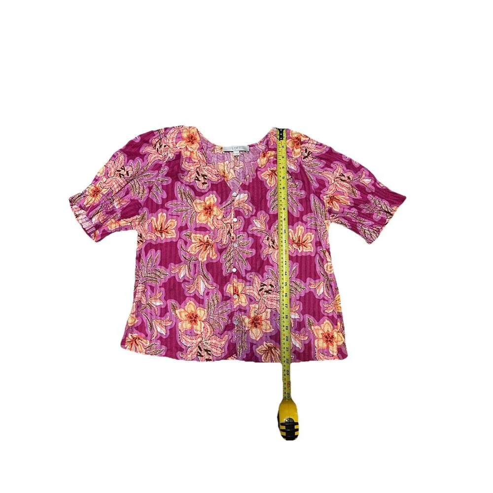 Loft Blouse Pink Orange Tropical Lilly Print Button Up Resort Vacation Sleeve